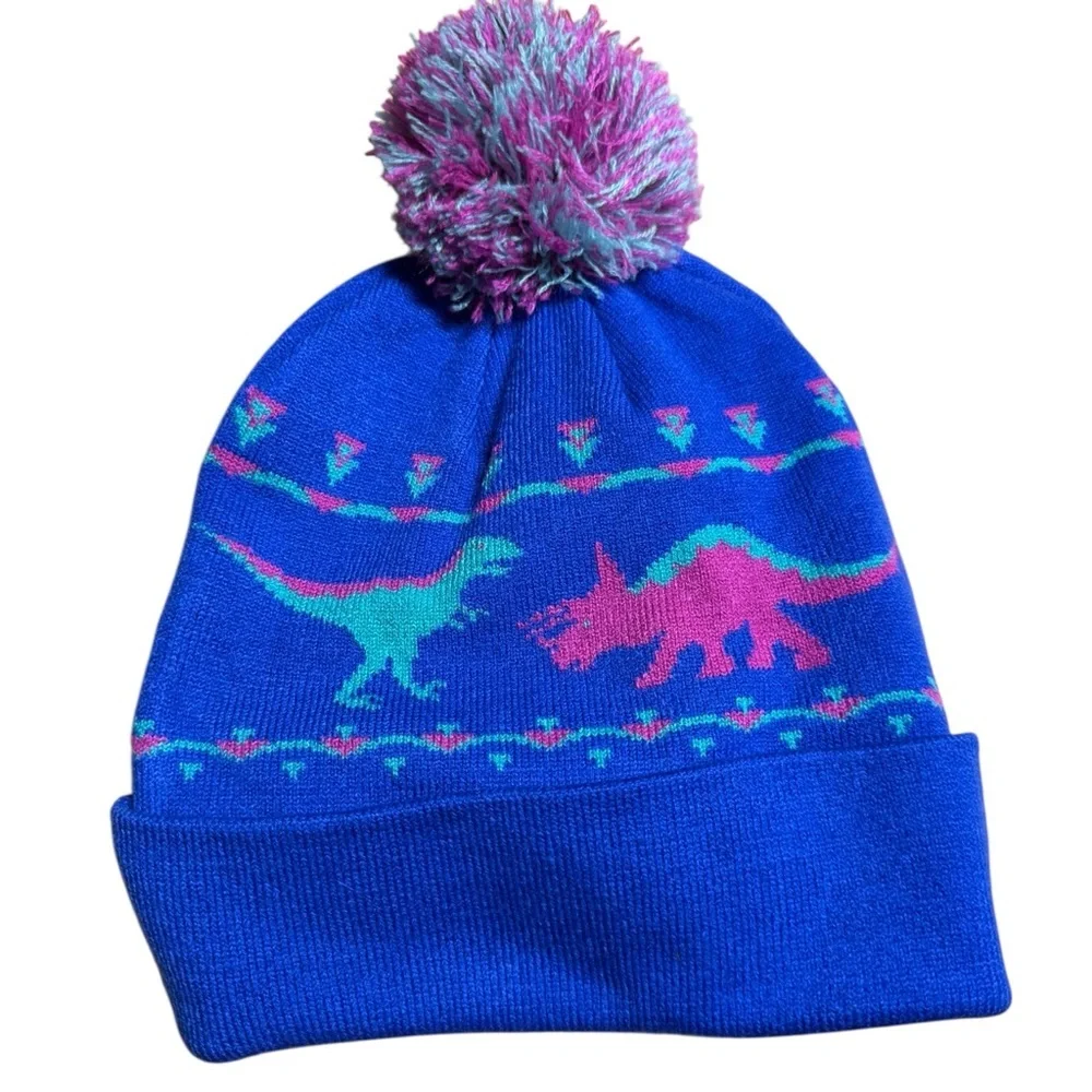 Coal Headwear Dina Beanie Hat Unisex Kids M Blue Dinosaur Graphic Pom